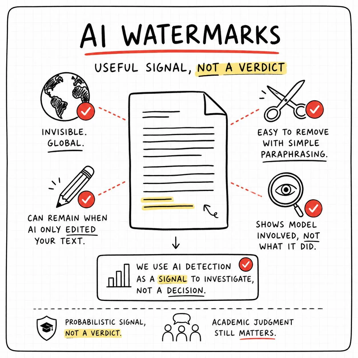 An infographic summarising what an AI watermark can and cannot show: it is invisible and global, it can survive when AI only edited your text, simple paraphrasing removes it, and it shows which model was involved rather than what the model did.