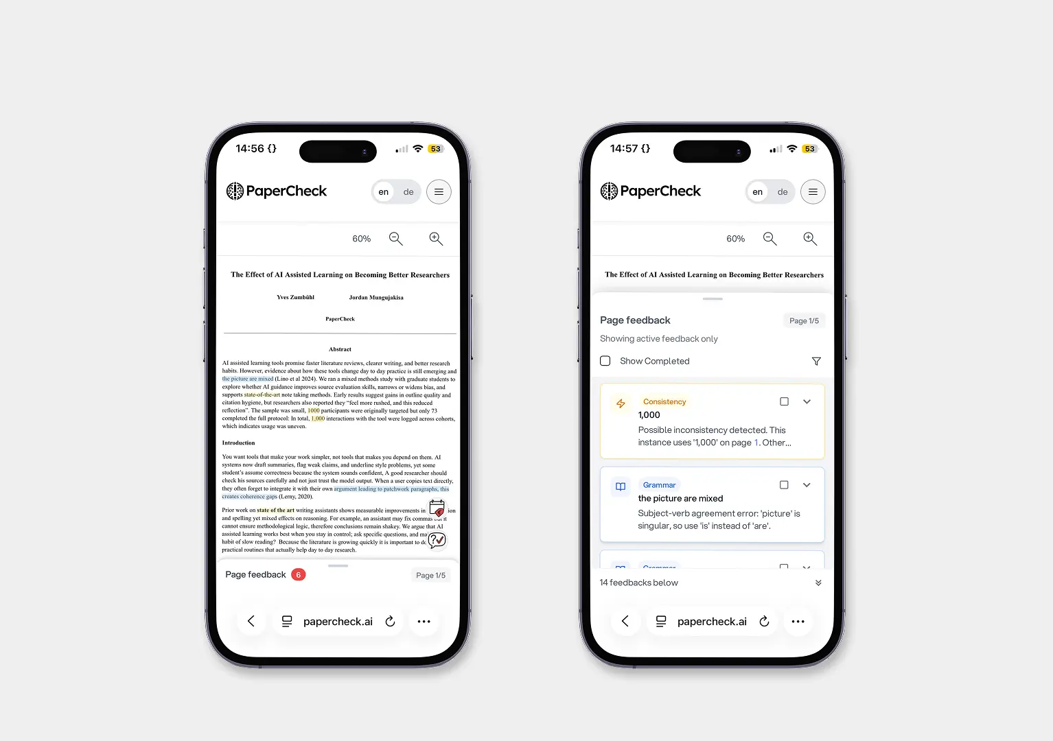 PaperCheck Feedback auf dem Handy – Fehlerübersicht mit Kategorien wie Grammatik, Rechtschreibung, Konsistenz und Gendering.