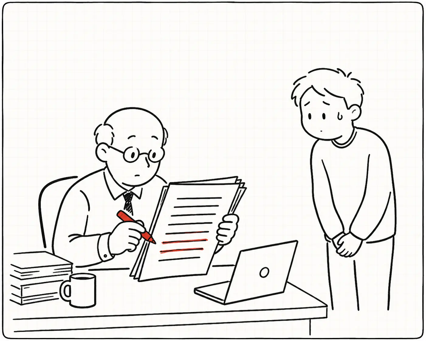 An examiner at a desk reading a printed thesis and underlining two lines in red, while the student stands beside the desk looking anxious.