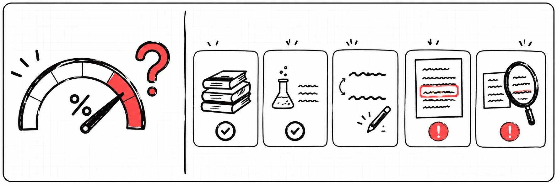 Eine Ähnlichkeitsanzeige mit Fragezeichen, daneben fünf Arten von Übereinstimmung: Literaturverzeichnis und Methodensätze sind unproblematisch, nahe Paraphrasen umschreiben, unbelegter Fremdtext und nicht deklarierte eigene Arbeiten sind Probleme