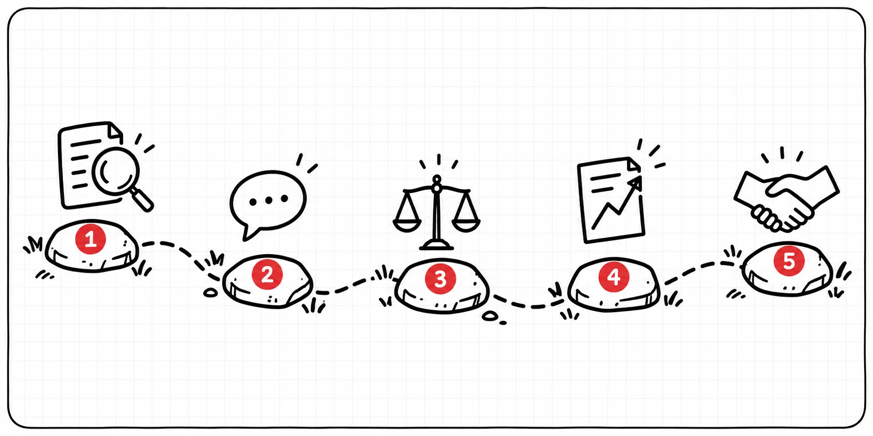 Fünf nummerierte Schritte entlang eines Wegs: nachfragen, Stellung nehmen, Beratung holen, Rechtsmittel einlegen, Ombudsstelle
