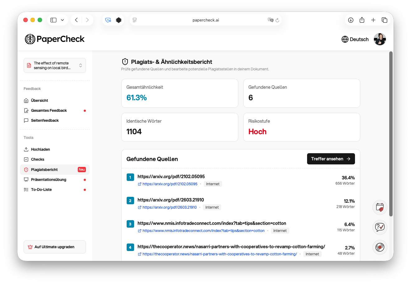 Plagiatsprüfung mit Ähnlichkeitswerten und Quell-URLs