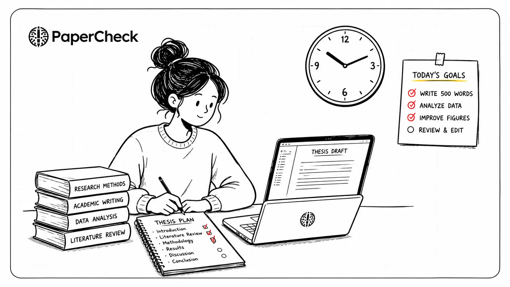 Studentin am Schreibtisch mit Büchern, Laptop, Uhr und To-do-Liste, konzentriert und gelassen