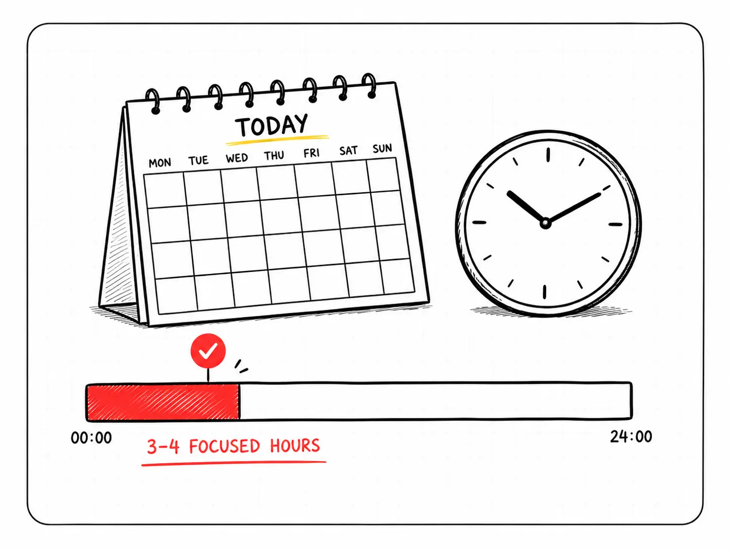 Kalender und Uhr mit einem Tagesbalken, in dem nur 3 bis 4 fokussierte Schreibstunden rot gefüllt sind
