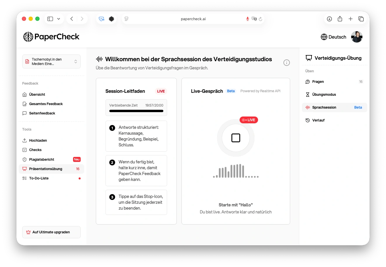 Die Sprachsession im Defense Studio von PaperCheck: Verteidigungsfragen im Live-Gespräch üben.